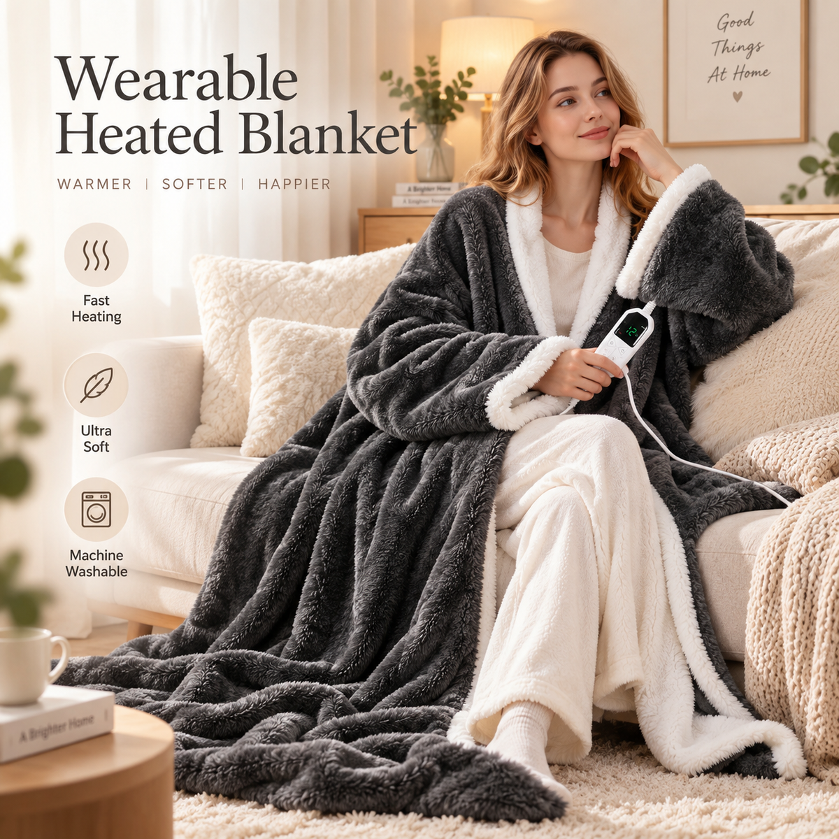Heated Wearable Blanket with Sleeves & Foot Pocket – A Warm Hug Made Just for You
